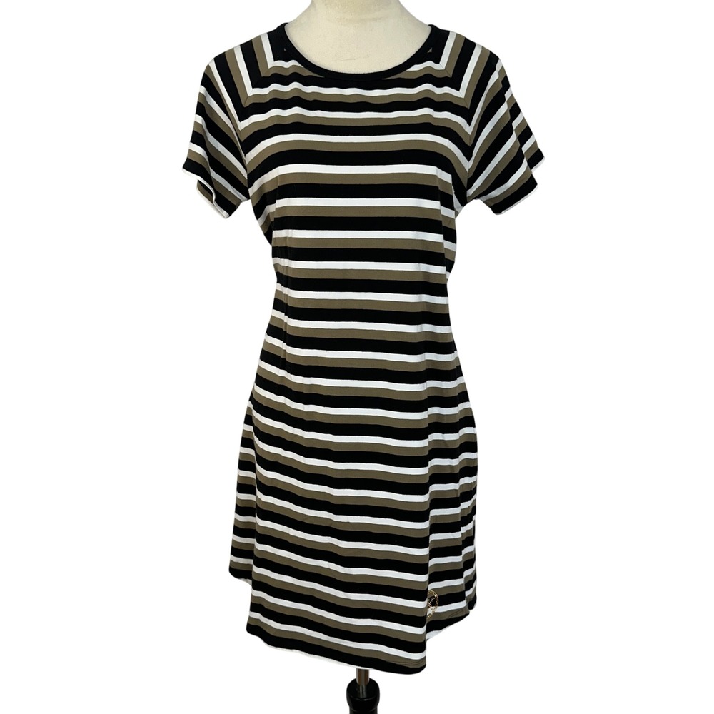 Michael Kors Stripedā T-Shirt Dress Gold Logo Detail Casual Black White Medium